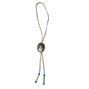 Custom Handmade leather  Bolo Tie Silver Metal Pendant and blue beads